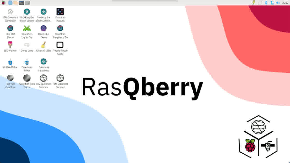 RasQberry desktop showing quantum demo application launcher and branding