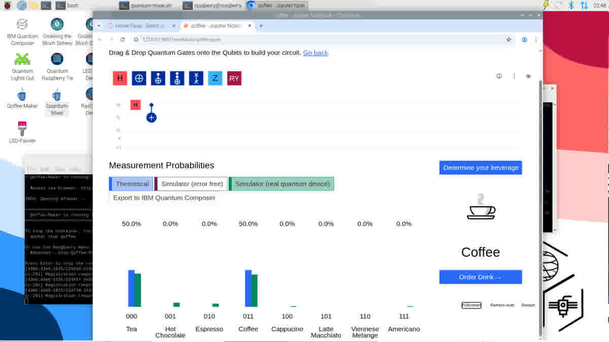 Qoffee-Maker UI: drag-and-drop quantum gates choosing a beverage