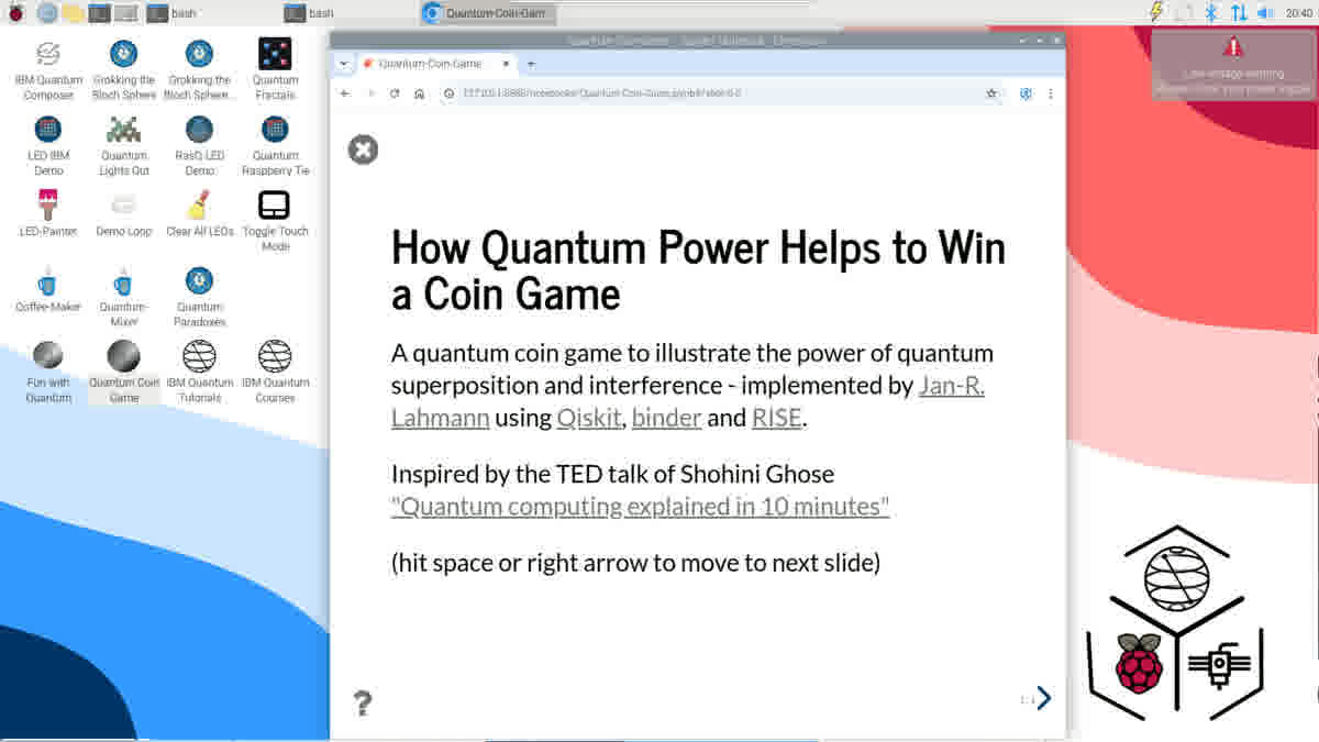Quantum Coin Game RISE presentation slide on the RasQberry